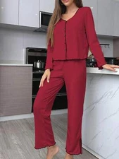 Women's Ribbed Long Sleeve Button-Down Pajama Set With Lettuce Hem