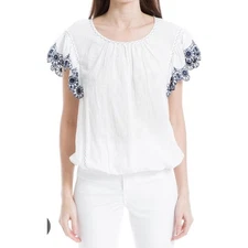 NEW Max Studio Women's Flutter Sleeve Bubble Hem Blouse Size XS White