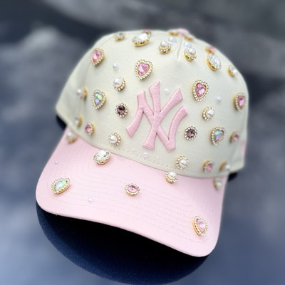 Women s Pink/Beige NY Logo Baseball Cap Cotton Solid w/ Rhinestone Embroidery