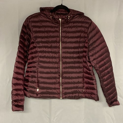 Per Una Burgundy Puffer Jacket Womens UK 22 Down Filled Hooded Pockets Coat