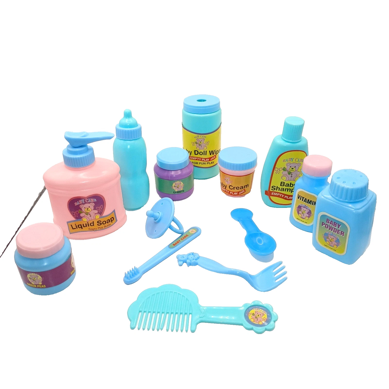 Baby Doll Care Accessories Shampoo Bottle Play Food Jars Wipes Toothbrush 14 pcs
Opens in a new wind