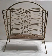 Vintage Mid Century Modern Metal & Wood Magazine Rack