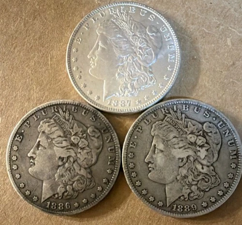 Morgan Silver Dollar Lot 1886 O, 1887 P, 1889 O $1 Coins 0.9 Fine Silver