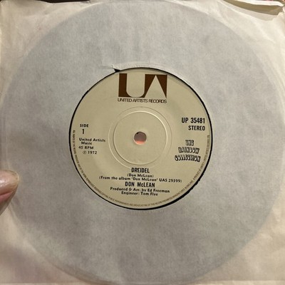 DON McLEAN - Dreidel 7  Single Vinyl Record 1972 United Artists UP35481 Vg+