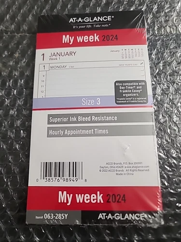 AT-A-GLANCE (063-285Y) Refill Loose-Leaf 2024 Weekly Planner Size 3
