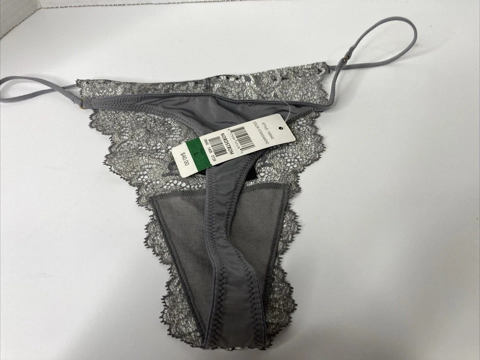 New Josie Natori Panties Cheeky Thong Stretch Lace Floral Size Large Grey NWT - Image 3 of 4