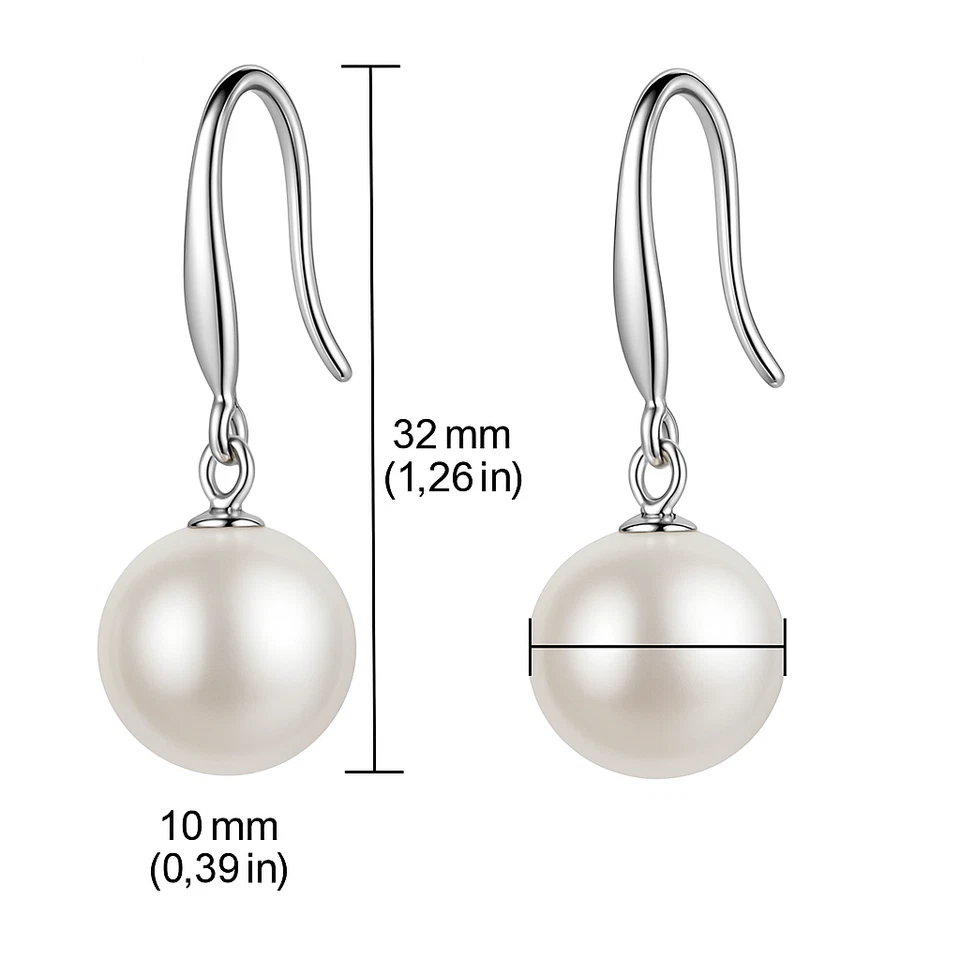 Pearl Earrings 10mm Silver Drop Dangle 925 Silver Imitation Pearl Bead Jewellery - Изображение 3 из 4