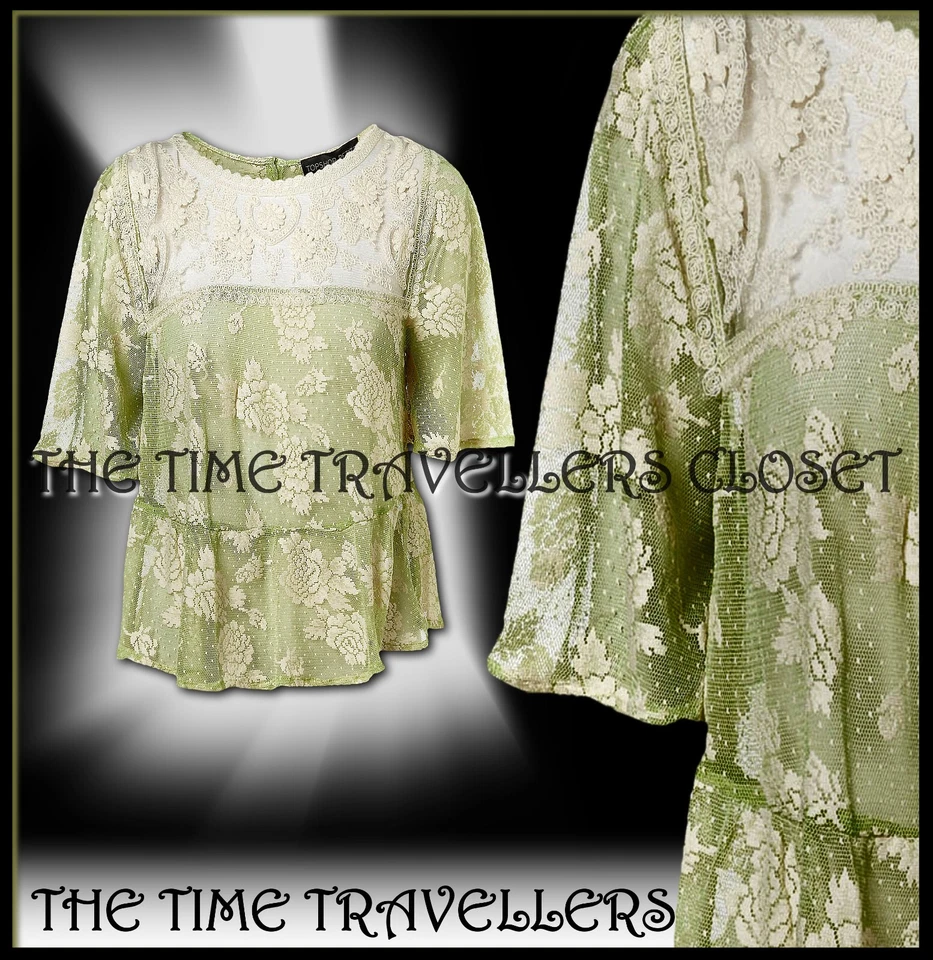 TOPSHOP BLUSA TOP TOPSHOP VERDE TRANSPARENTE BLANCO ENCAJE FLORAL RECORTADO OJO DE CERRADURA BOTÓN UK10 Foto 3 de 4