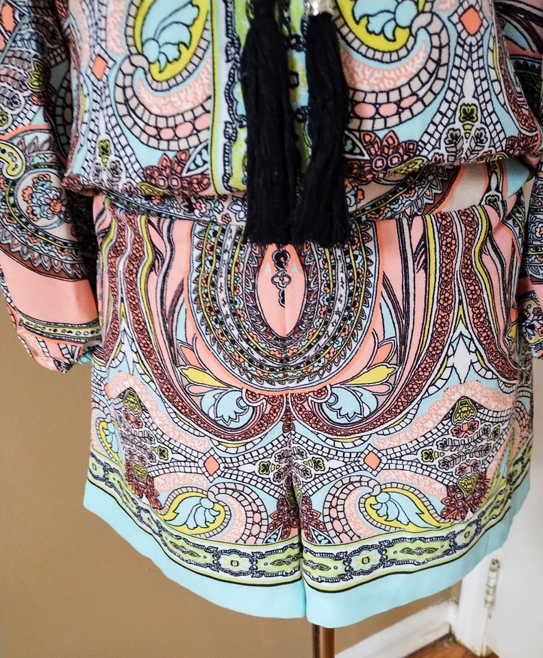 Lindo Chic Bisou Bisou Paisley Multi Pasteles Boho Mameluco Mangas Globo EE. UU. Talla XL Foto 4 de 4