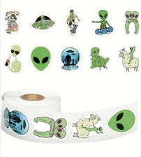 500 pc Sticker Roll Various Cartoon Alien Theme Designs Semi Gloss Self Adhesive