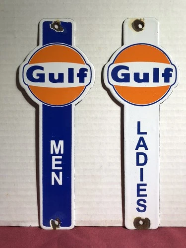 VINTAGE GULF RESTROOM MENS LADIES GASOLINE SET 10” PORCELAIN GAS OIL SIGN