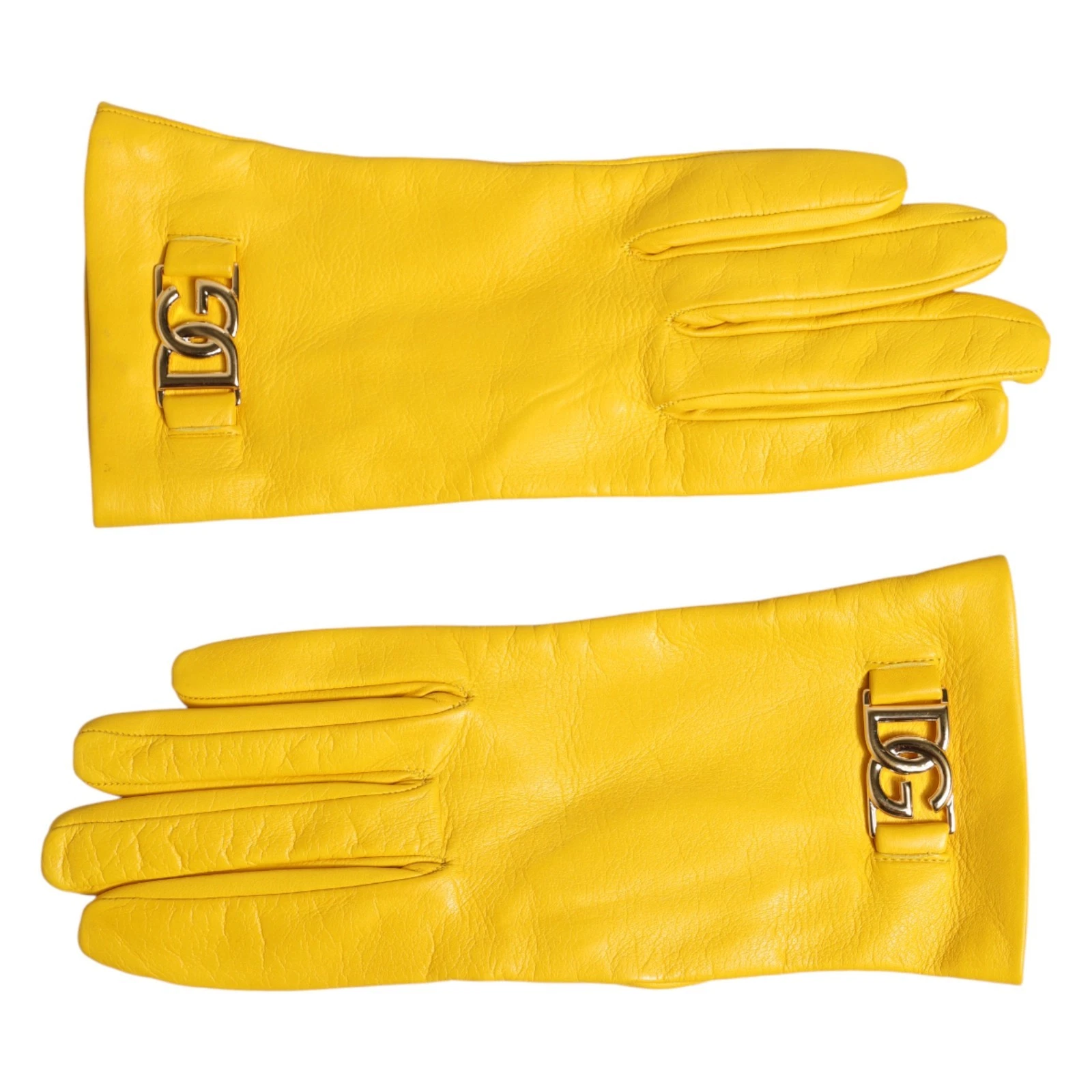DOLCE & GABBANA Gloves Yellow Leather DG Logo Wrist Length Mitten 7.5 / M 570usd