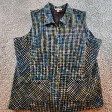 CJ Banks Womens Textured Plaid Zip Front Vest 3X Teal Black Yellow