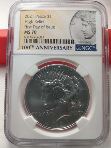 2021 SILVER PEACE DOLLAR NGC MS70 HIGH RELIEF FIRST DAY OF ISSUE FDI 100th LABEL