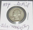 Silver 1934 D Denver Mint Washington Quarter Very Fine Silver 25c Coin