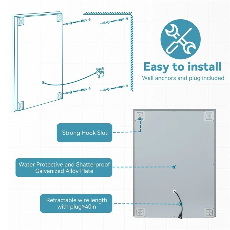 Espejo de baño LED de 48x36 pulgadas luz frontal, 5M-Defog, 3 colores regulable Foto 3 de 4