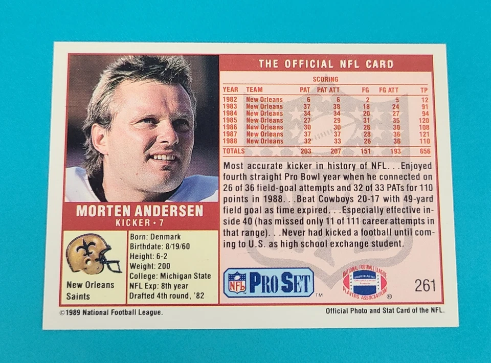1989 Pro Set #261 Morten Andersen New Orleans Saints FOOTBALL Card J1 - Image 2 of 2