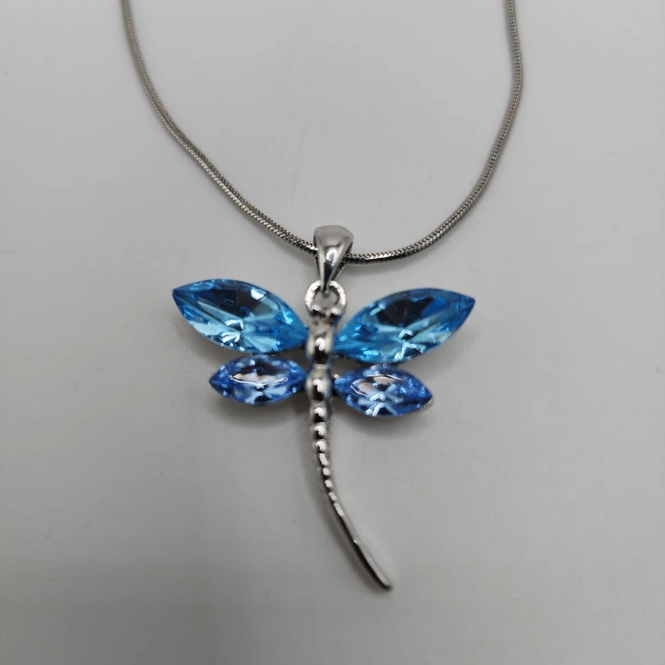 Colgante Libélula Azul Aqua Cristal Swarovski Tono Plata 19" Cadena Ajustable LEER Foto 2 de 4
