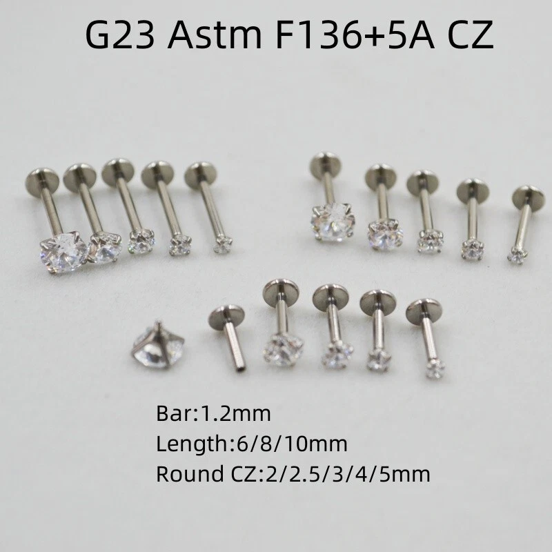 50PCS G23 Titanium F136 CZ Labret Lip Piercing  Bar Ear Helix Tragus Cartilage - Image 4 of 4