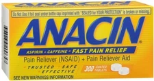 Anacin Aspirin Caffeine Pain Reliever Minor Ache Relief Coated Tablets 300ct