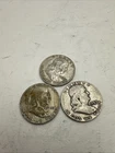 Lot of 3 Franklin Half Dollars (1952, 1957, 1960) - 90% Silver - High Melt Value