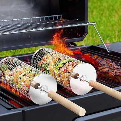 Nestbar Rolling Grill Basket, Removable Wooden Handle, 304 Stainless Steel, O...