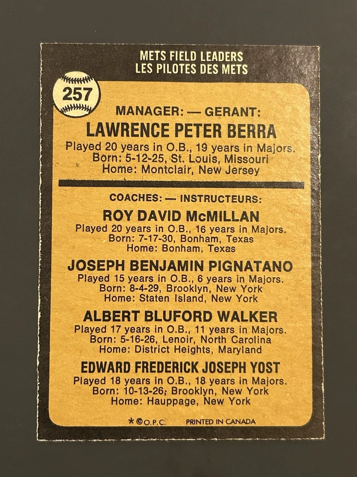 1973 O-Pee-Chee - Yogi Berra, Roy McMillan, Eddie Yost #257 HOF - Image 2 of 4