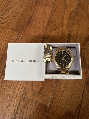 Michael Kors Men's Slim Runway Gold-Tone Black Dial Watch With Original Box