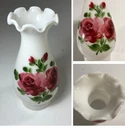 vtg Hurricane Lamp Chimney Shade Hand Painted Rose Floral Milk Glass Ruffled 8"