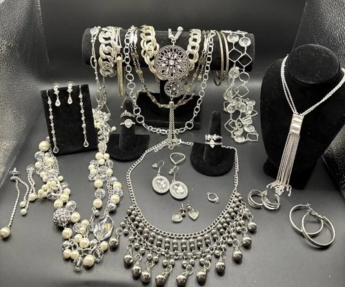 Large Stylish Vintage Silver Tones Costume Jewelry Lot