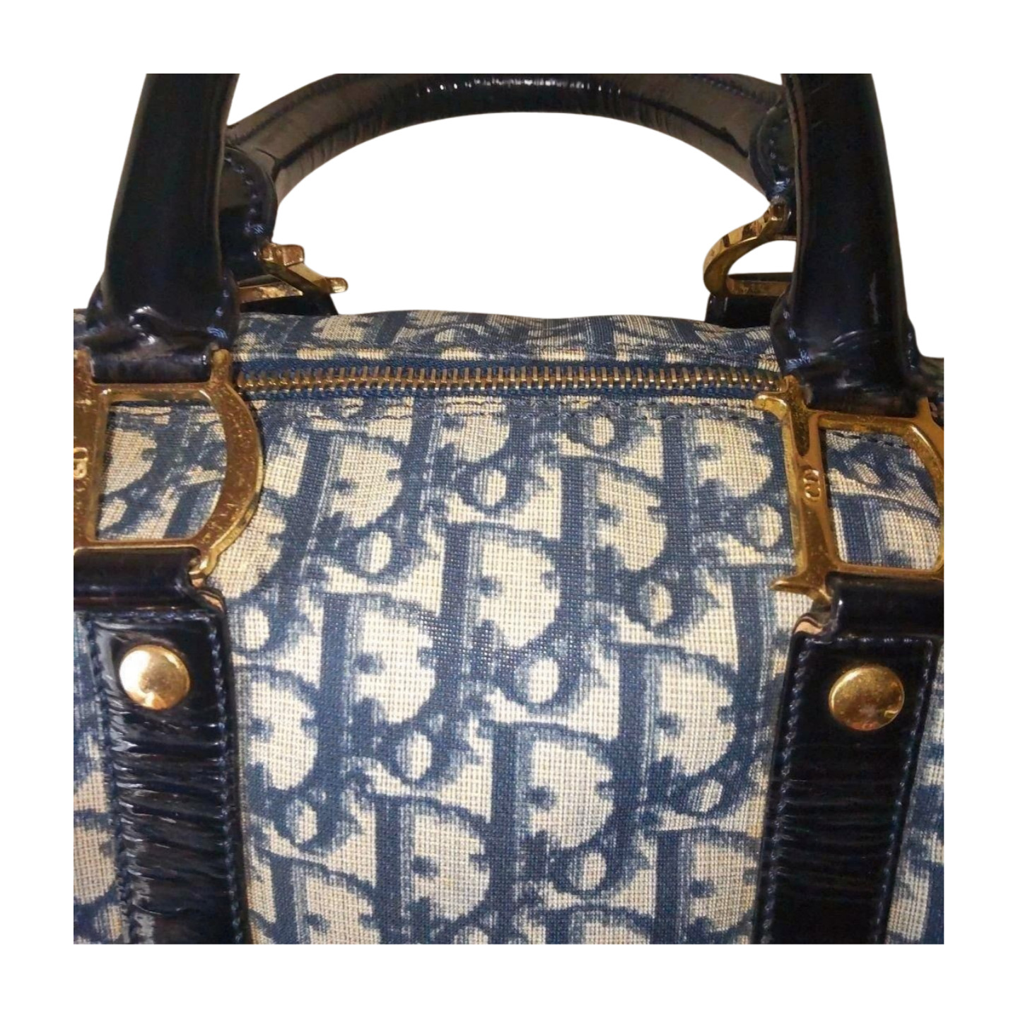 Christian Dior Trotter Monogram Navy Canvas Mini Boston Bag Gold D-Ring Handbag image 5