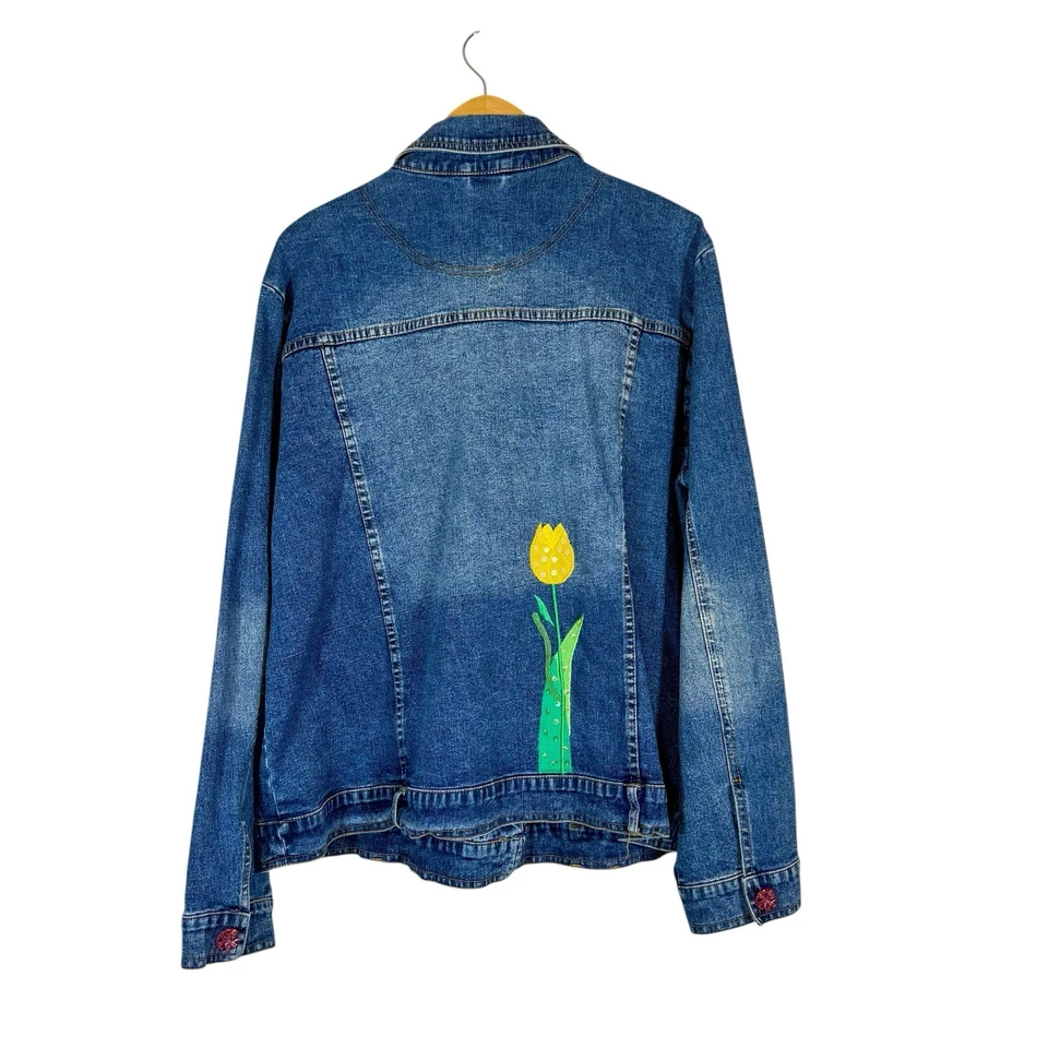 Quacker Factory Sz XL Denim Jacket Funky Art-to-Wear Tulip Floral Patches Boho - Image 3 of 4