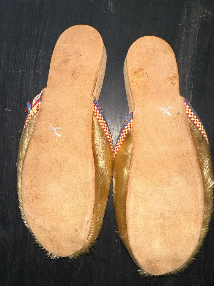 Vintage Elk Brand Hair On Elk Hide Moccasins Open Back Embroidered Edging RARE - Image 3 of 4
