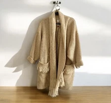 French Creek Sheep and Wool Company Sweater Jacket Beige Large Sewn-in Scarf