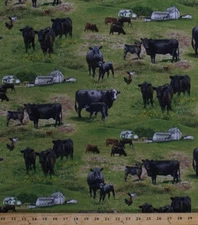 Farm Animals Cows Calf Calves Chickens Field Cotton Fabric Print by Yard D563.31