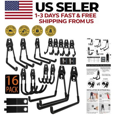#ad 16 Pack Heavy Duty Garage Wall Hooks Steel Storage for Bikes Ladders Tools $51.48
