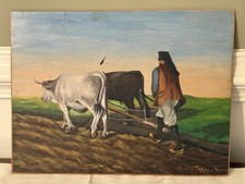 Dipinto olio su tavola 1944 arte popolare italiana - Contadino sardo con buoi - Tarli