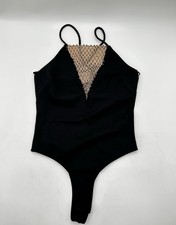 ASTR Black Woman  s rhinestone mesh halter bodysuit Size S