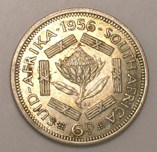 1956 South Africa African 6 Pence Elizabeth II Flower Silver Coin VF+