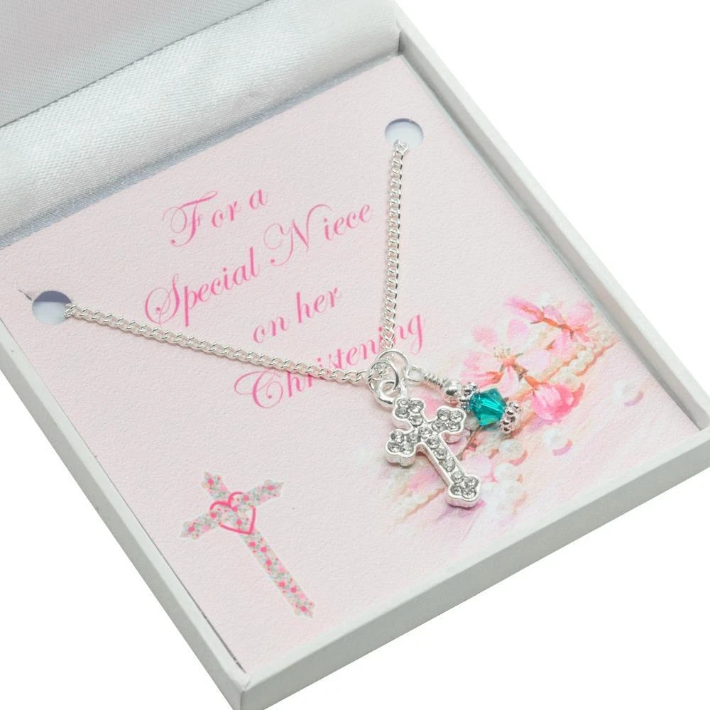 Gift for Girls Christening Day Cross Necklace with Birthstone for Daughter etc