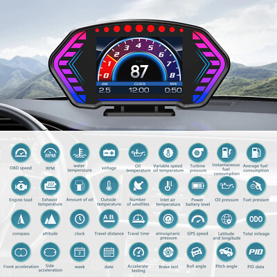 OBD2+GPS HUD Gauge Car Digital Head Up Display Speedometer Turbo RPM Alarm Temp