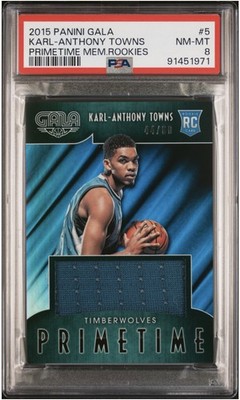 🔥POP 1🔥Karl Anthony Towns 44/60 2015 Panini Gala Primetime RC NBA Champs PSA 8