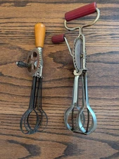 A & J Vintage Red Wood Handle Egg Beater Hand Mixer Vintage Egg Beater Two (2)