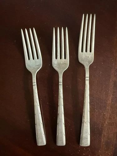 Two Towle Sterling Old Lace Pattern Dinner Forks . One salad fork
