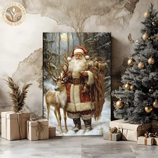 Woodland Santa Vintage Christmas Poster Christmas Canvas Santa Claus Print 72