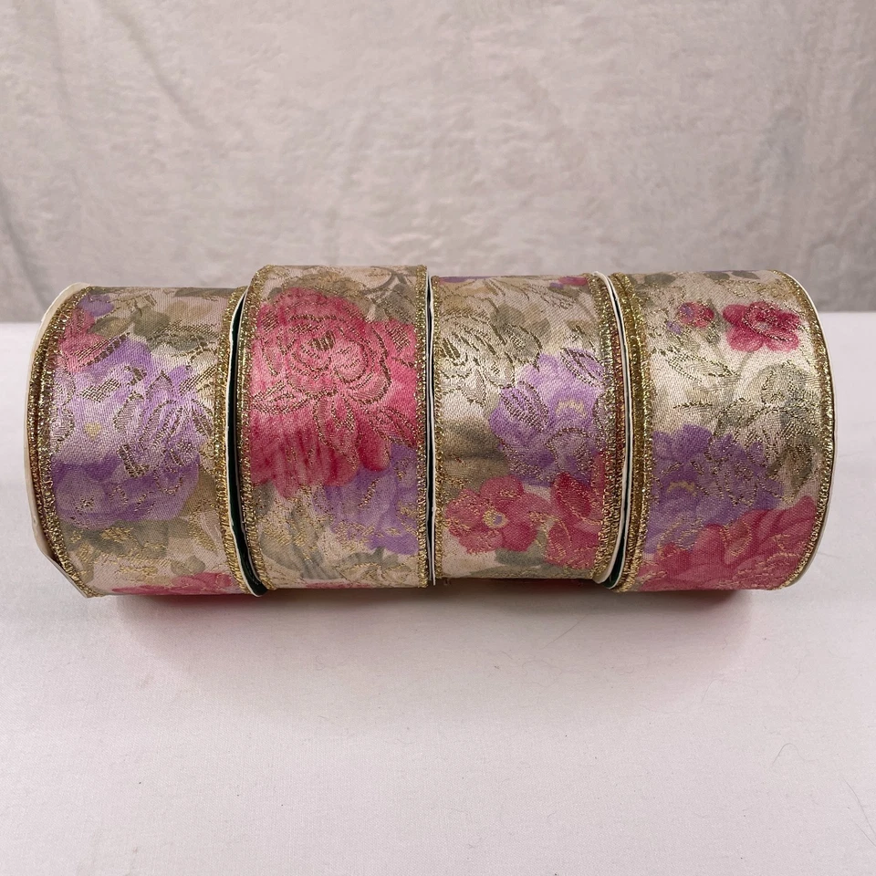 Vtg Floral Kmart Ribbon 4 rolls Romantic Gold Trim 21ft x 2" Timeless Decor - Image 2 of 4