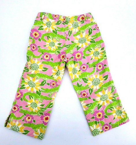 Lilly Pulitzer Girls Alligator Monsieur Floral Pants Size 7 Cropped Green Yellow - Picture 2 of 11