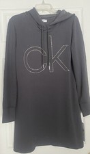 CALVIN KLEIN Womens Medium Long Sleve Hooded Dress CK Bling Logo Gray Rhinestone