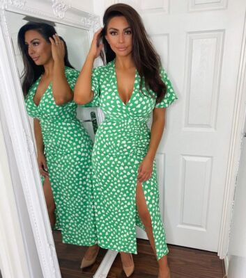 AX PARIS Green Heart Print Short Bell Sleeve Split Midi Dress size 8 36  Occasion | eBay