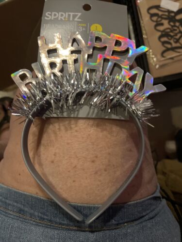 happy birthday silver headband NEW